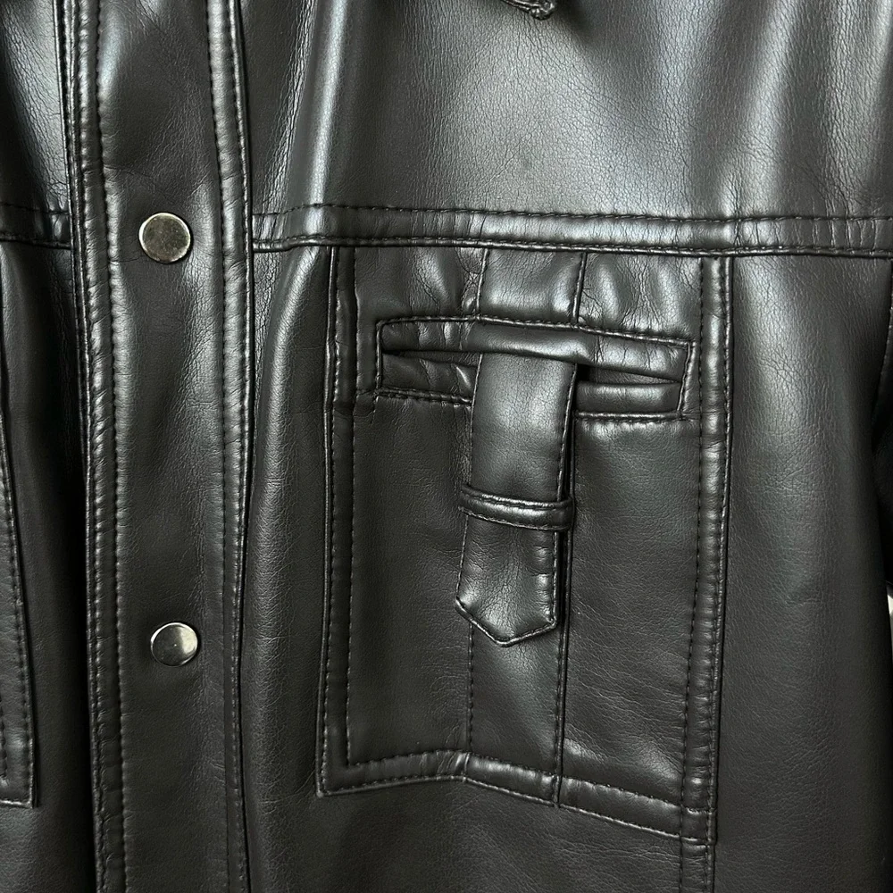 RARE! 70S CHOCOLATE BROWN VEGAN LEATHER SNAP BUTTON JACKET DAGGER COLLAR- Mens M - Picture 6 of 13